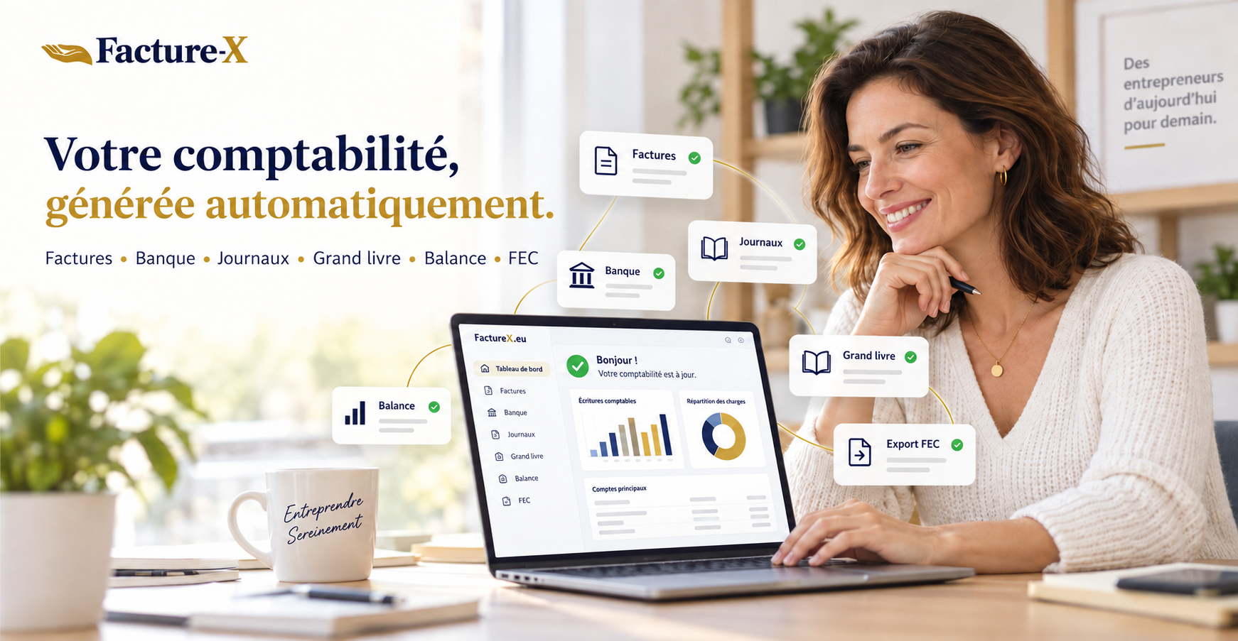 Logiciel de comptabilité pour TPE et PME : tableau de bord Facture-X avec factures, banque, journaux, grand livre, balance et export FEC