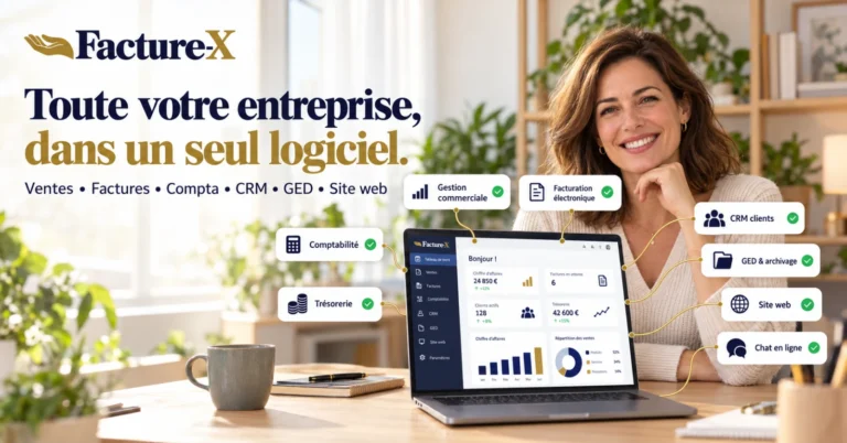 Facture-X, logiciel de gestion d’entreprise tout-en-un : une dirigeante devant son tableau de bord, avec gestion commerciale, facturation électronique, comptabilité, trésorerie, CRM clients, GED et archivage, site web et chat en ligne