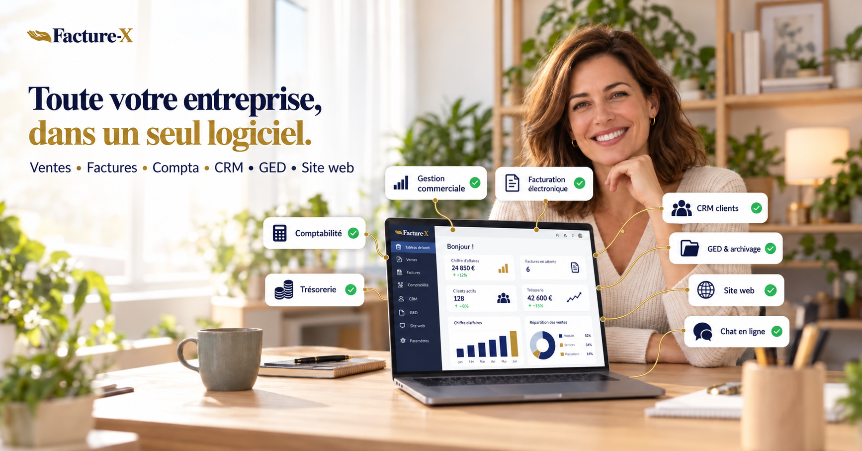 Facture-X, logiciel de gestion d’entreprise tout-en-un : une dirigeante devant son tableau de bord, avec gestion commerciale, facturation électronique, comptabilité, trésorerie, CRM clients, GED et archivage, site web et chat en ligne
