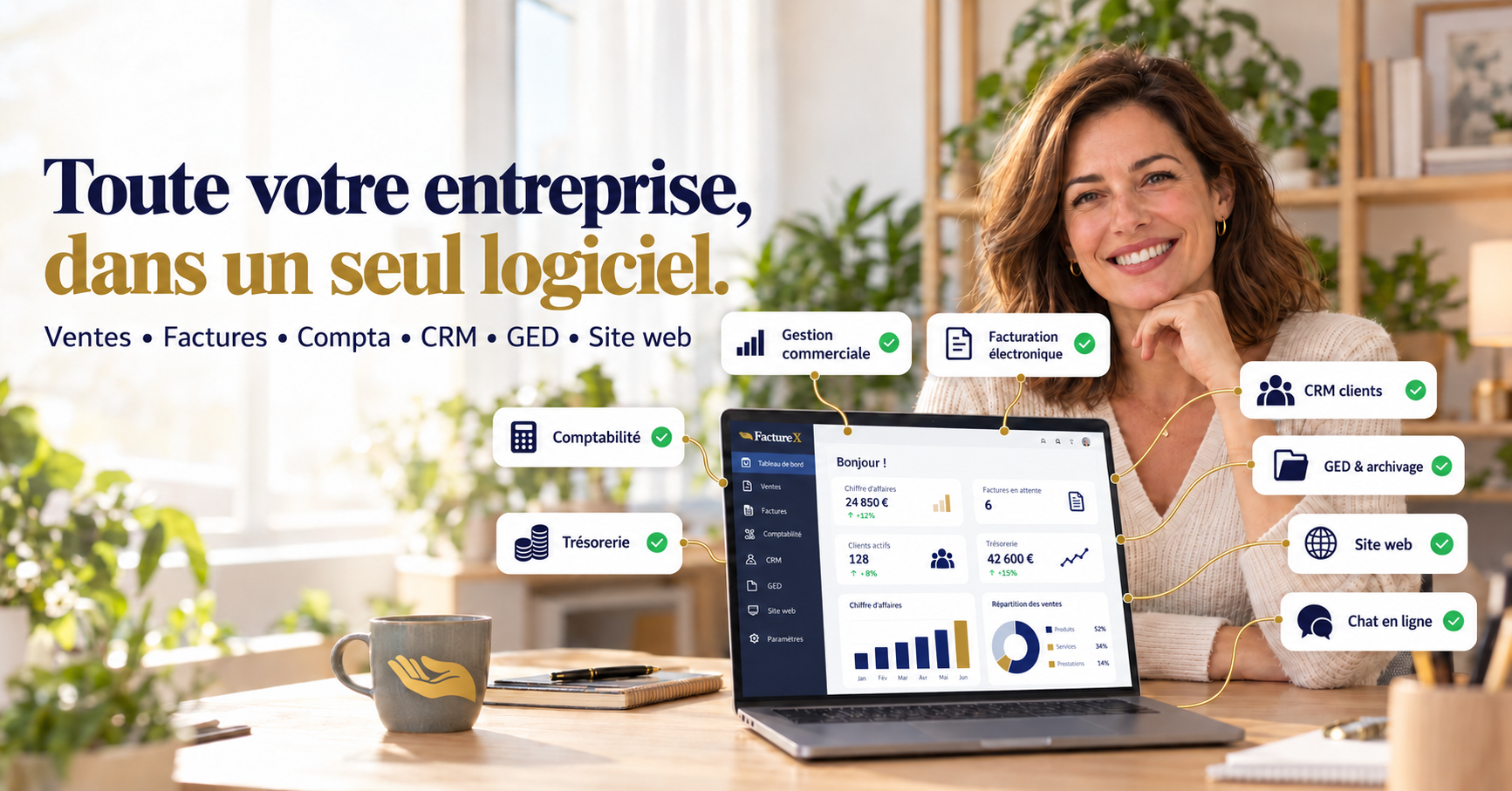 Facture-X centralise la facturation électronique et peut accompagner votre gestion avec comptabilité, trésorerie, CRM et documents.