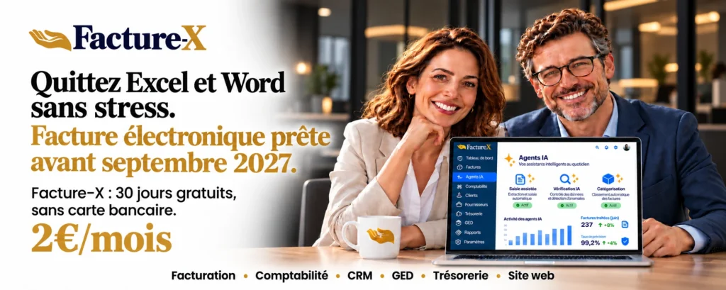 Quittez Excel et Word sans stress : facture électronique prête avant septembre 2027 avec Facture-X, 30 jours gratuits, à partir de 2 € HT par mois
